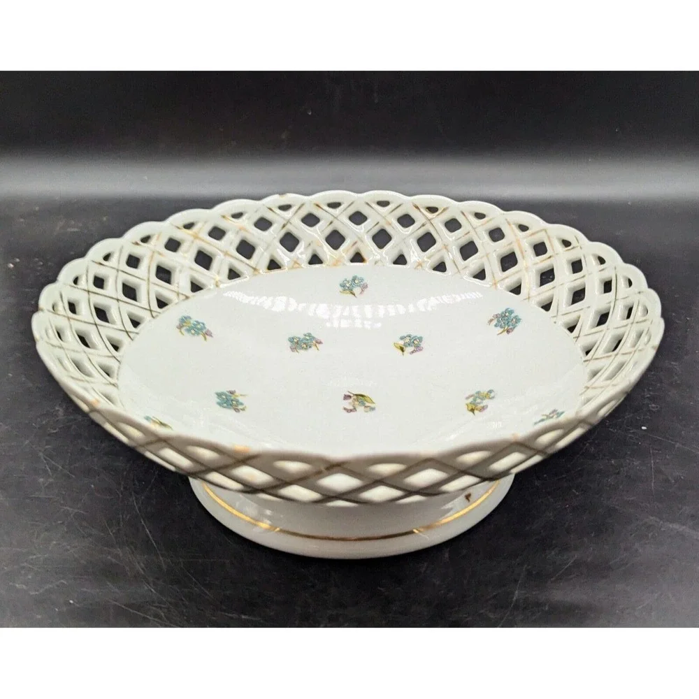 Vintage Pierced Porcelain Floral Pedestal Fruit Console Bowl Flower Floral 9